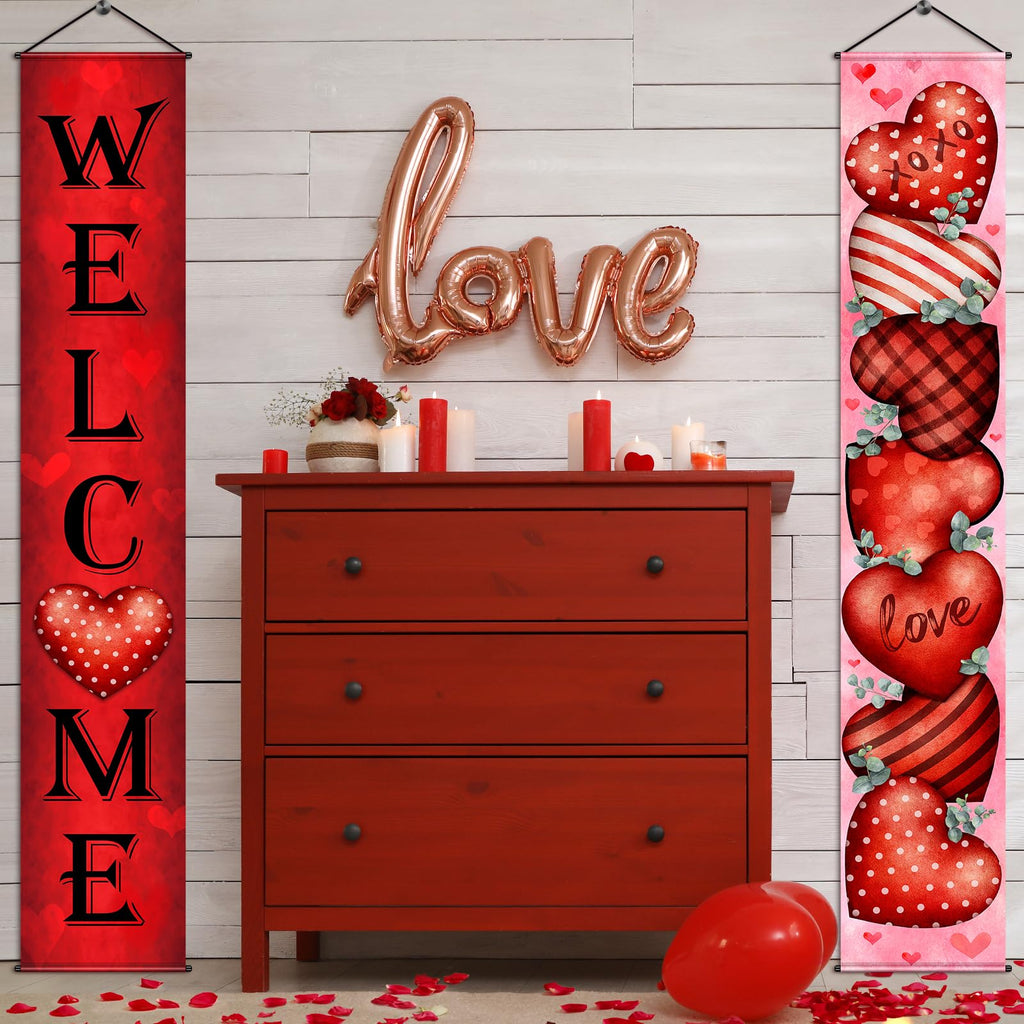 MASHAN Valentines Door Banner Set – 71x12in Welcome & Love Heart (Buffalo Plaid)