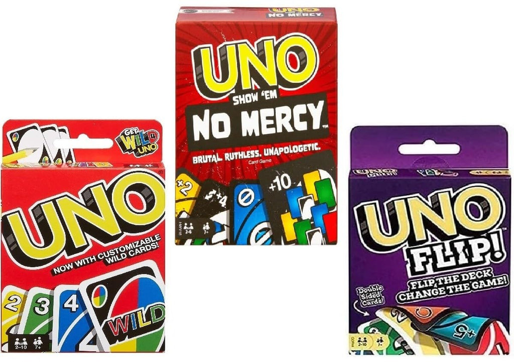 Mattel Uno No Mercy, Uno & Uno Flip Card Game Combo Pack – 3 Classic Party Games