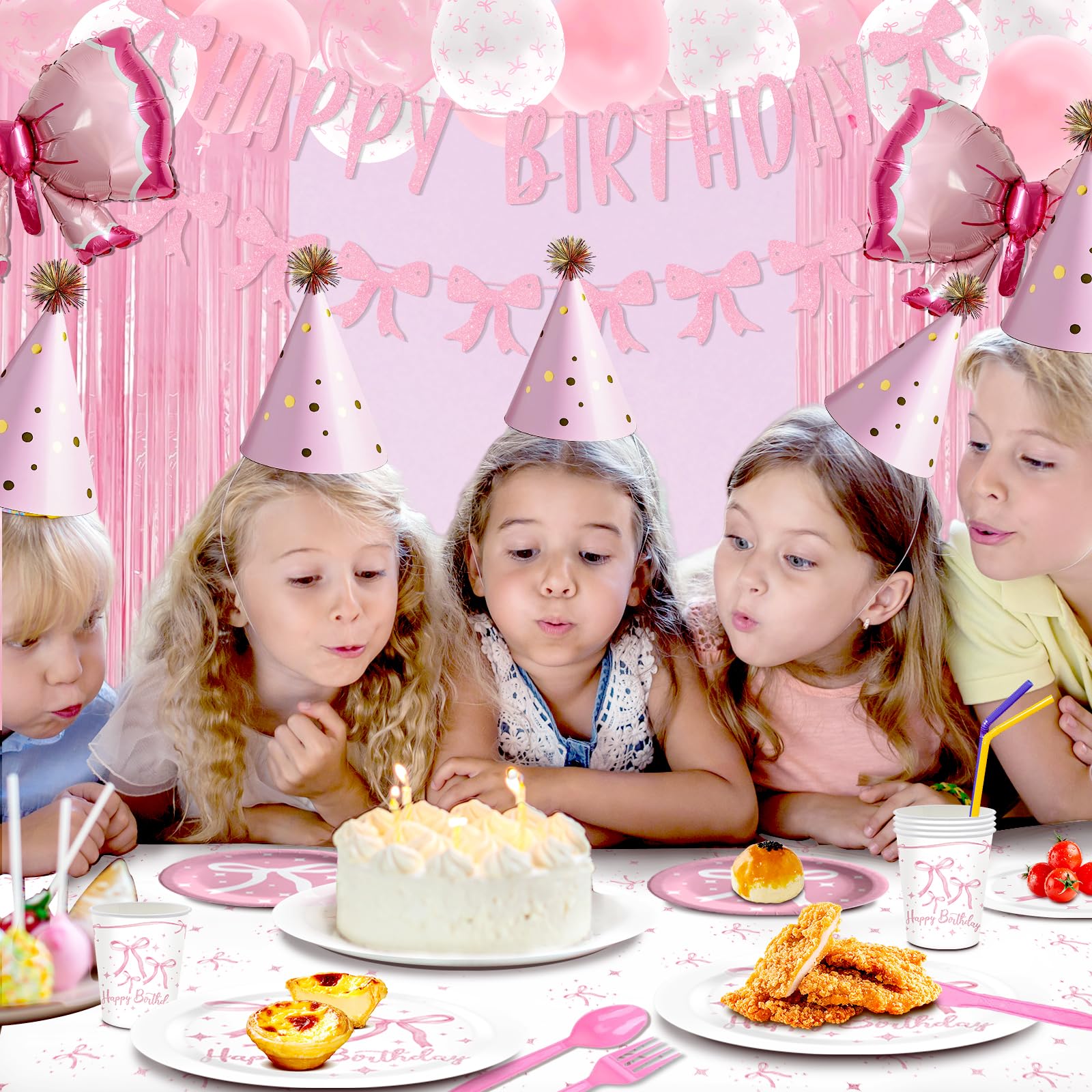 Maudundon Pink Bow Birthday Decorations Kit for 25 Guests | Coquette Party Supplies