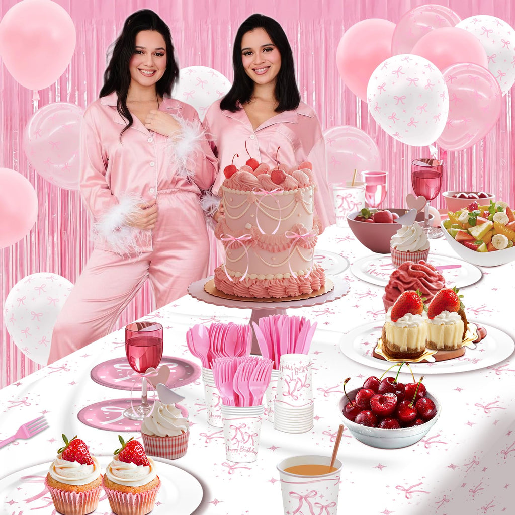 Maudundon Pink Bow Birthday Decorations Kit for 25 Guests | Coquette Party Supplies