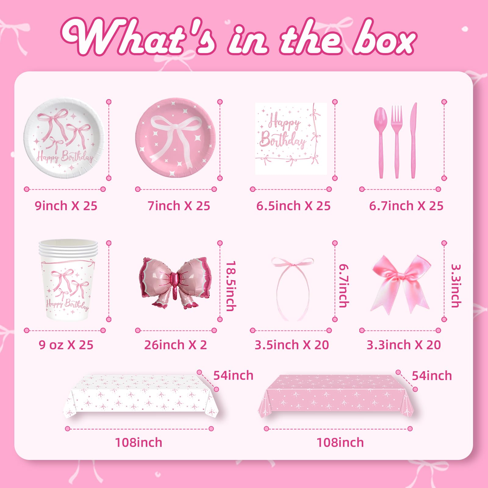 Maudundon Pink Bow Birthday Decorations Kit for 25 Guests | Coquette Party Supplies
