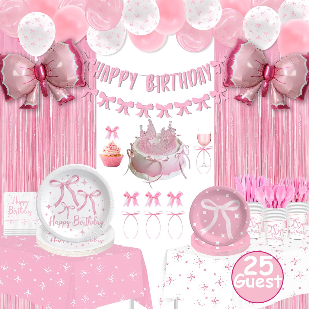 Maudundon Pink Bow Birthday Decorations Kit for 25 Guests | Coquette Party Supplies