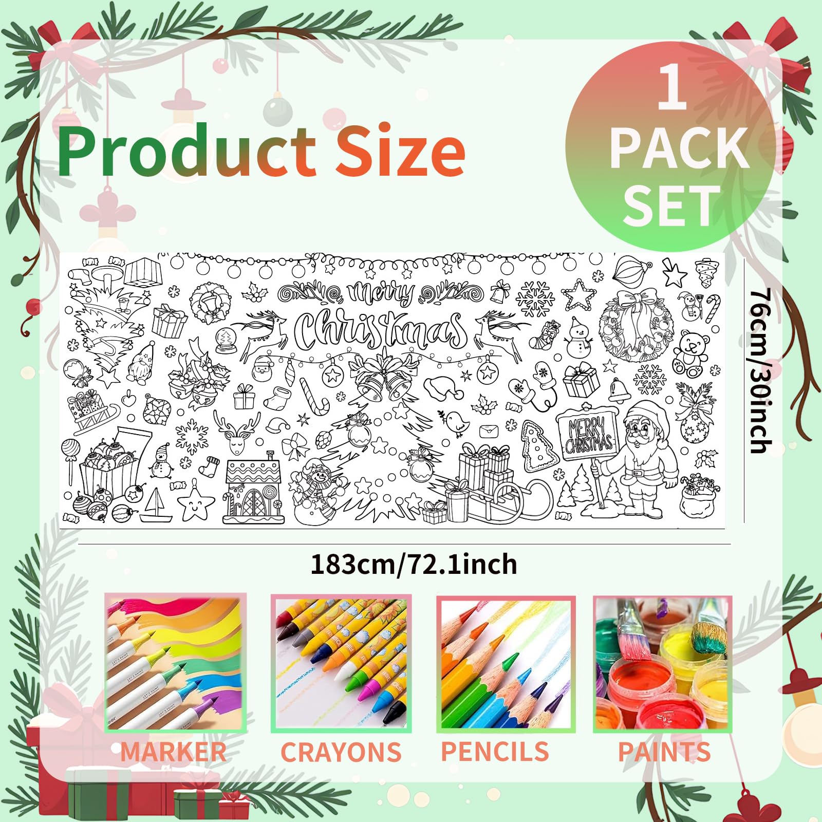 Mchochy Giant 30x72 Christmas Coloring Poster Tablecloth – Kids’ Crafts for Home or School