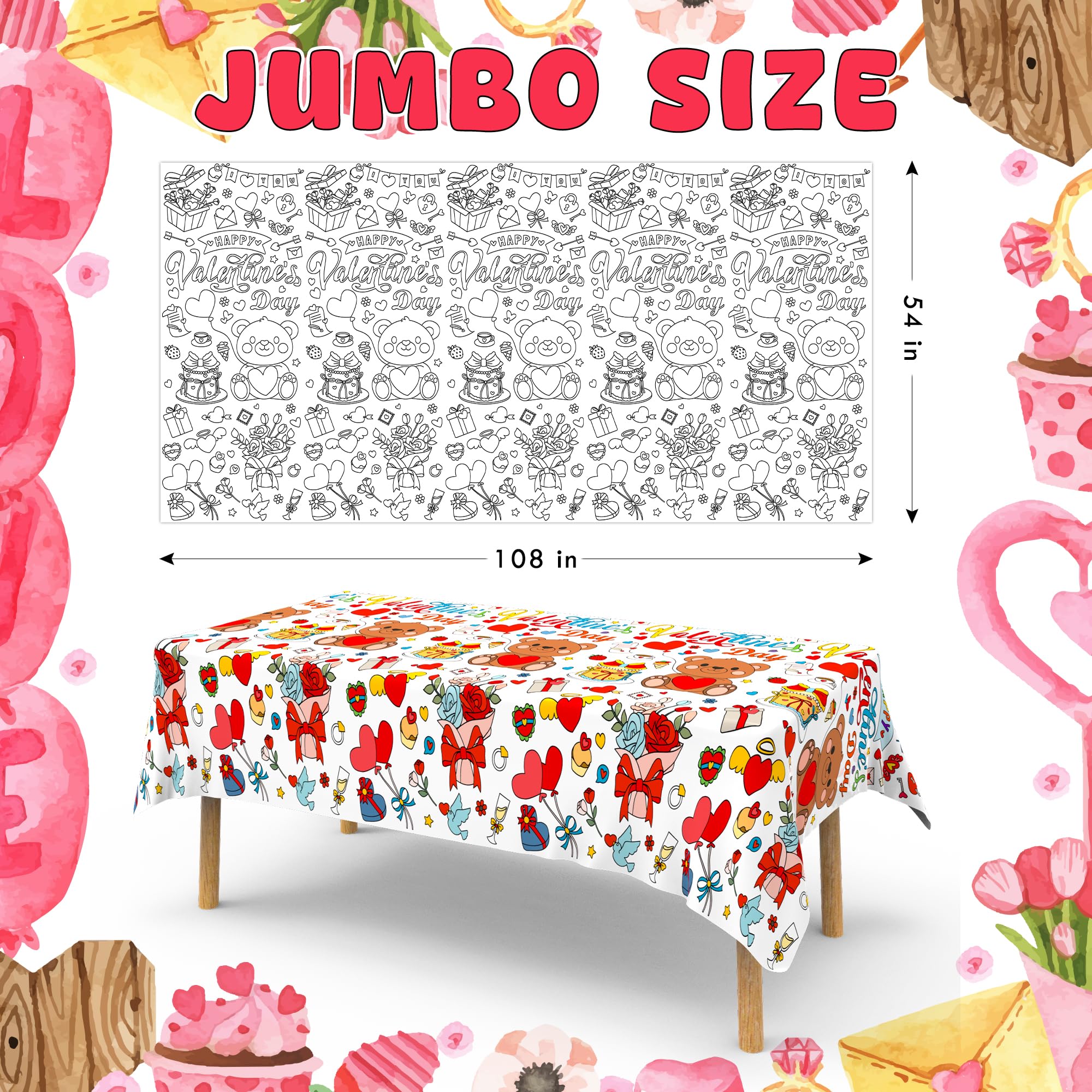 MDCGFOD 2-Pack Valentines Day Coloring Tablecloth Poster 54x108 — Giant Classroom Art & Party Decor