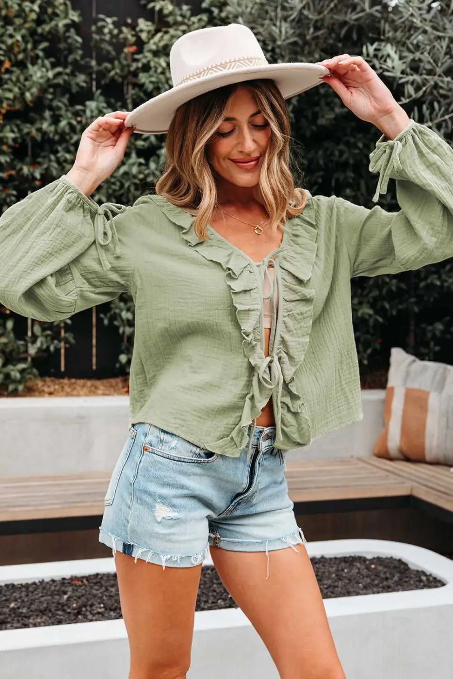Green Cotton Bow Detail Meadow Blouse Women UK | Casual