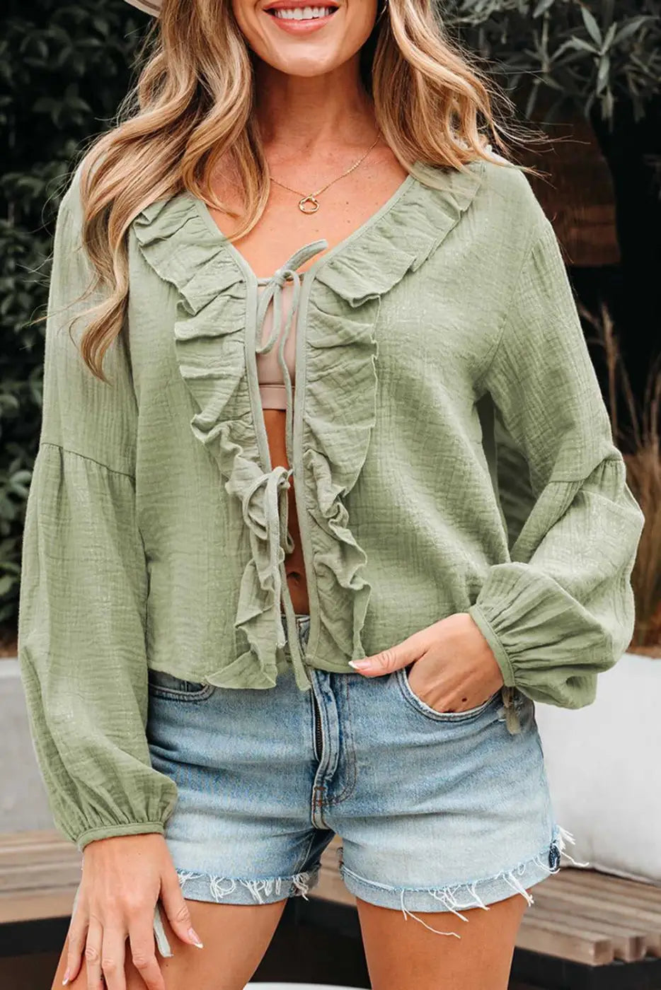 Green Cotton Bow Detail Meadow Blouse Women UK | Casual
