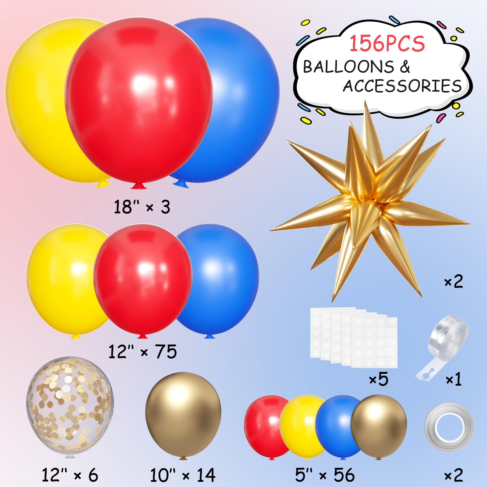 MEBAY Balloon Arch Kit - 156Pcs Latex Balloons, Blue Yellow Red Gold for Baby Shower, Birthday, Wedding