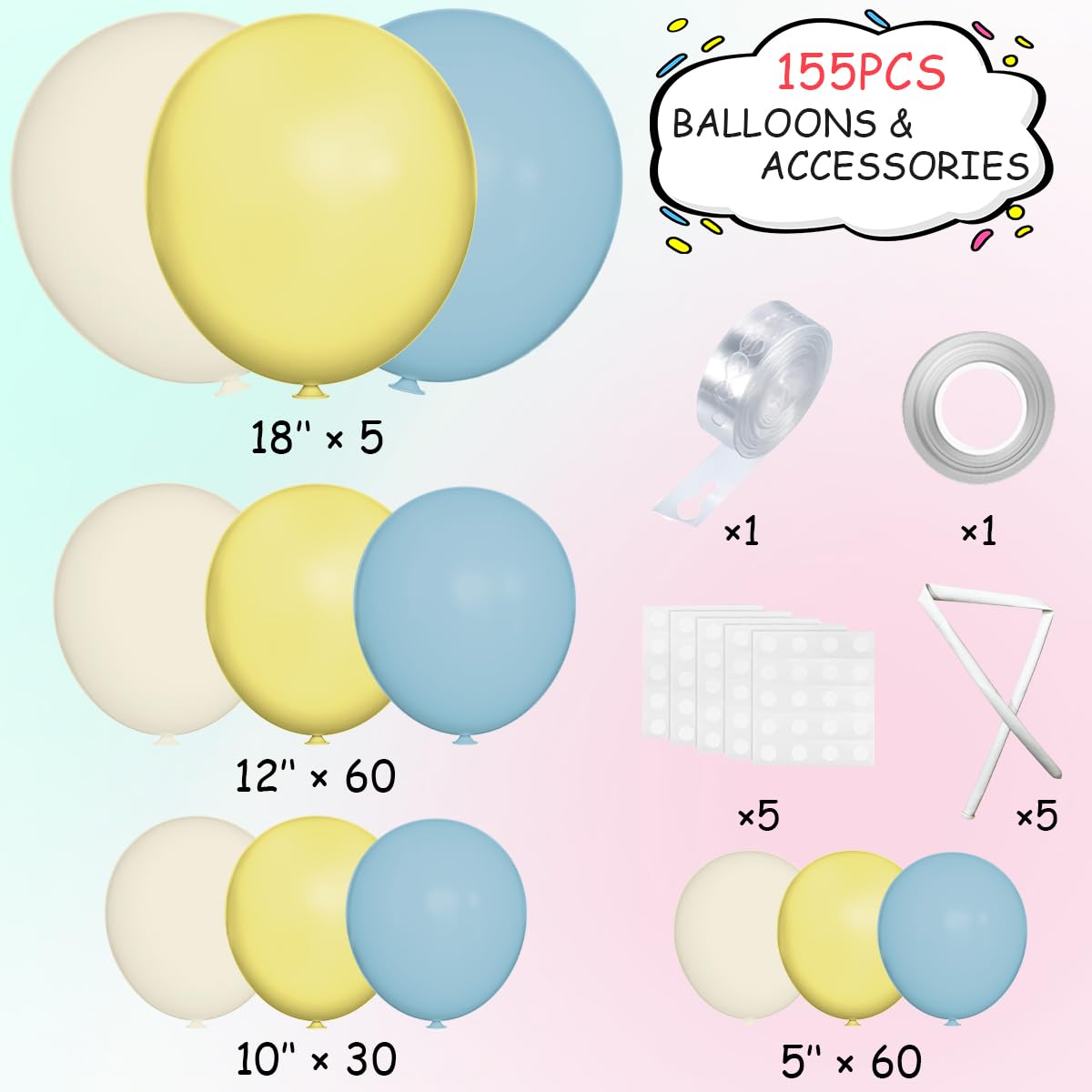 MEBAY Balloon Garland Arch Kit – 155Pcs Pastel Blue White Yellow Latex Balloons (18/12/10/5in)
