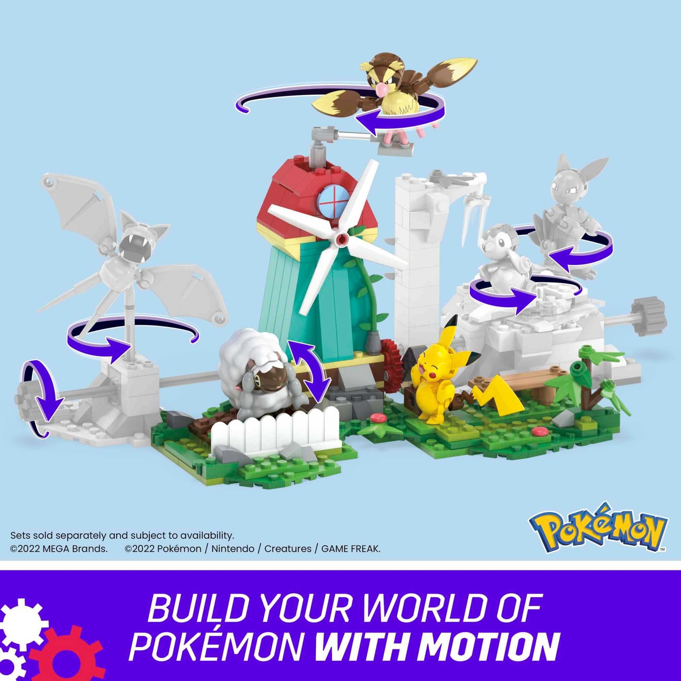 MEGA Pokemon Action Figure Building Toy Set — 240 Pieces, Windmill Motion Brick, Pikachu, Pidgey & Wooloo | Gift Idea for Kids | Mega Brands