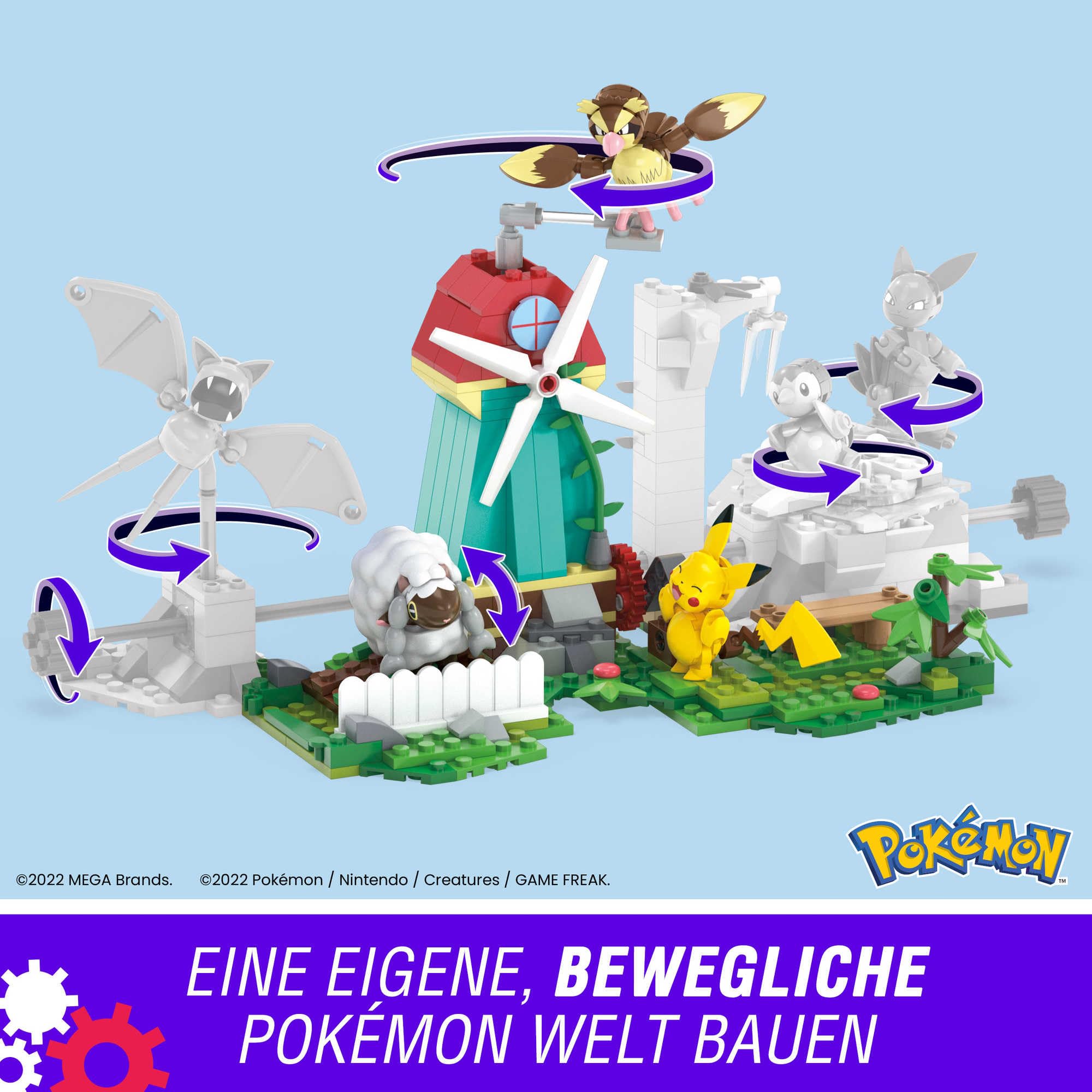 MEGA Pokemon Action Figure Building Toy Set — 240 Pieces, Windmill Motion Brick, Pikachu, Pidgey & Wooloo | Gift Idea for Kids | Mega Brands