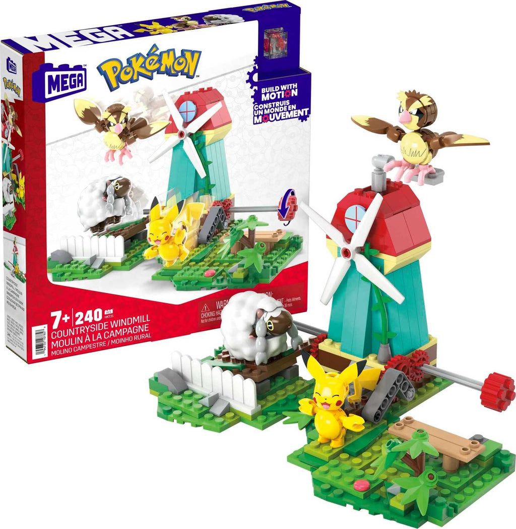 MEGA Pokemon Action Figure Building Toy Set — 240 Pieces, Windmill Motion Brick, Pikachu, Pidgey & Wooloo | Gift Idea for Kids | Mega Brands