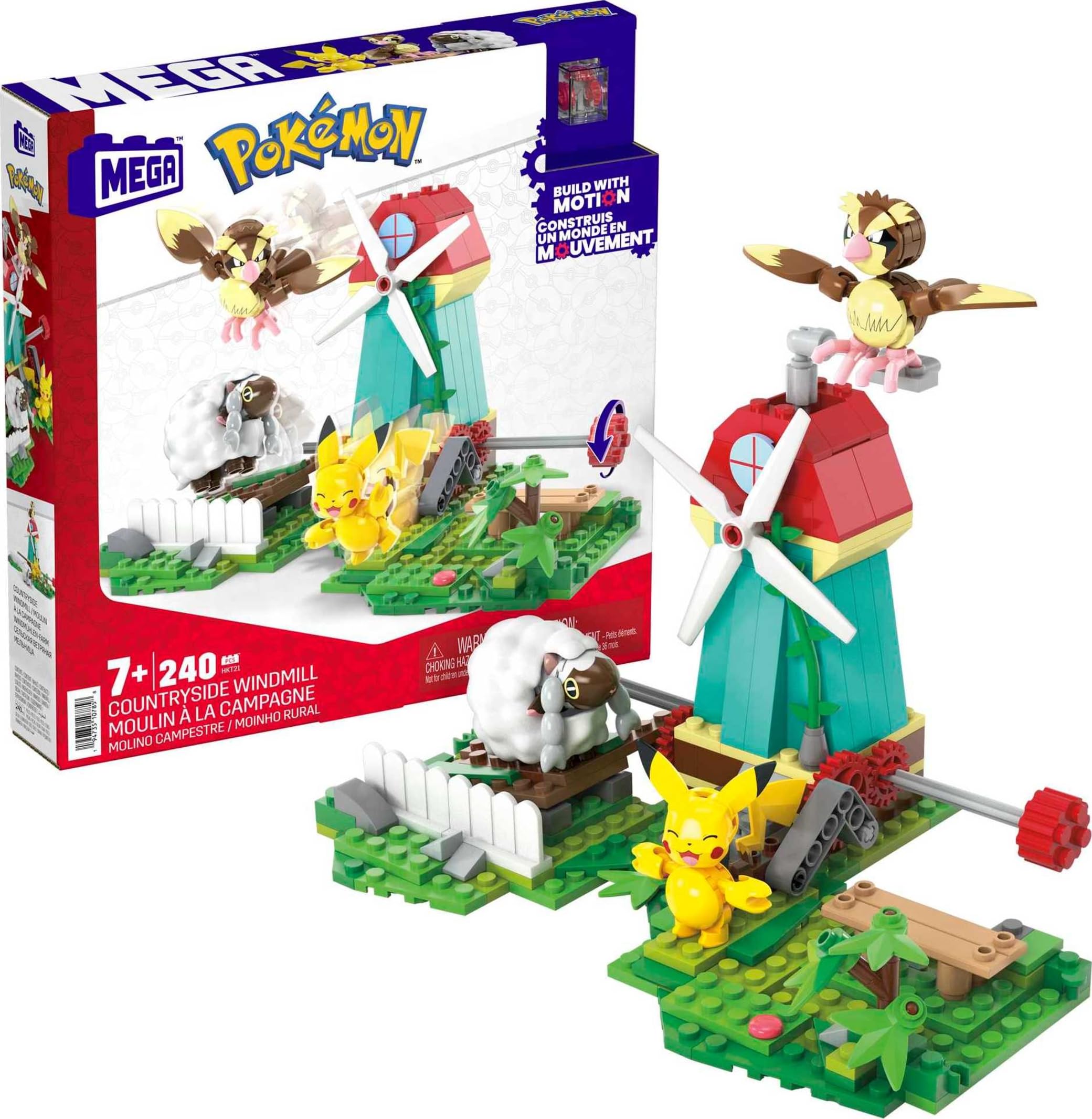 MEGA Pokemon Action Figure Building Toy Set — 240 Pieces, Windmill Motion Brick, Pikachu, Pidgey & Wooloo | Gift Idea for Kids | Mega Brands