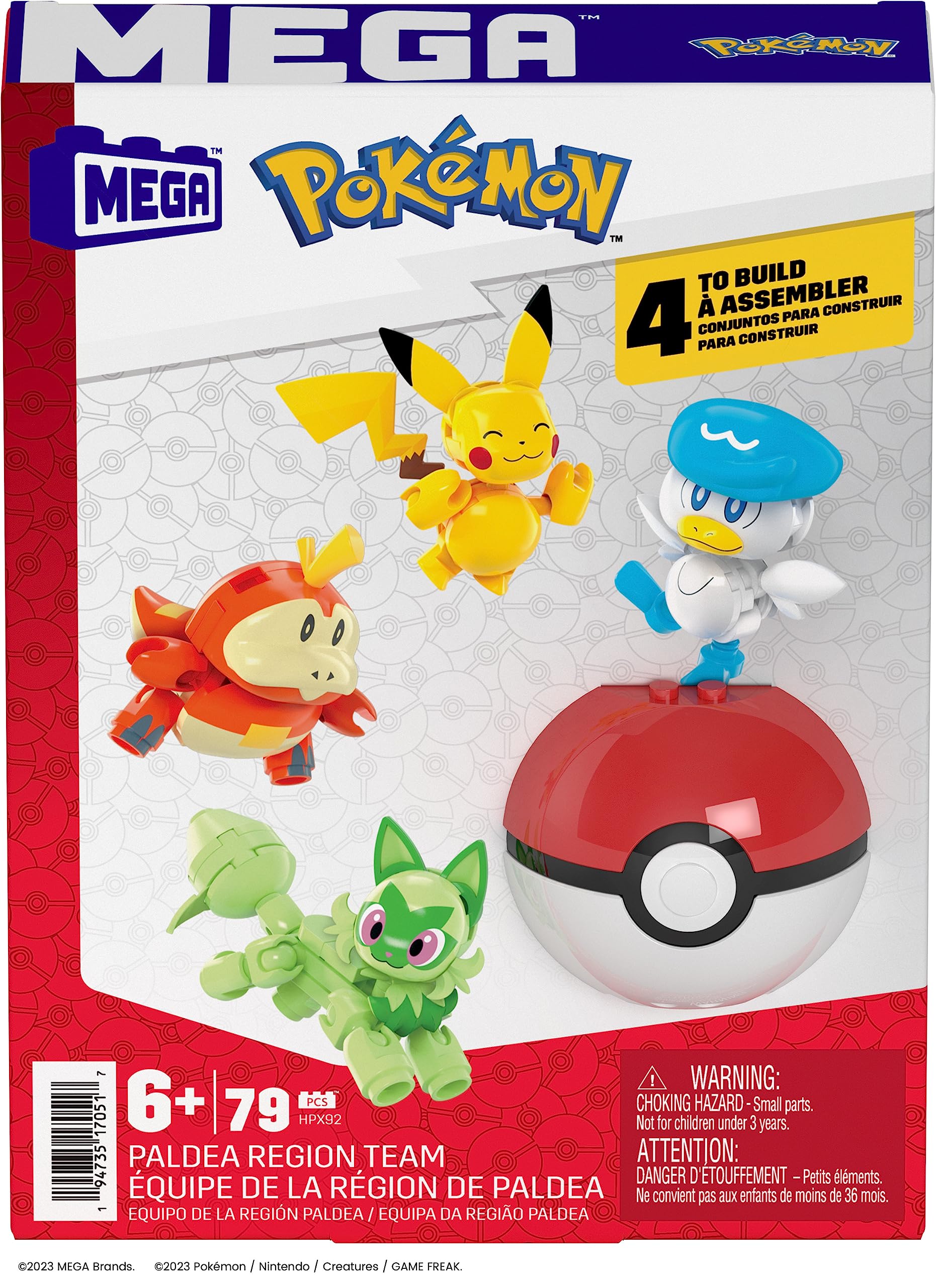 MEGA Pokemon Action Figure Building Kit – Paldea Team (Pikachu, Sprigatito, Fuecoco, Quaxly) + Poké Ball | HPX92