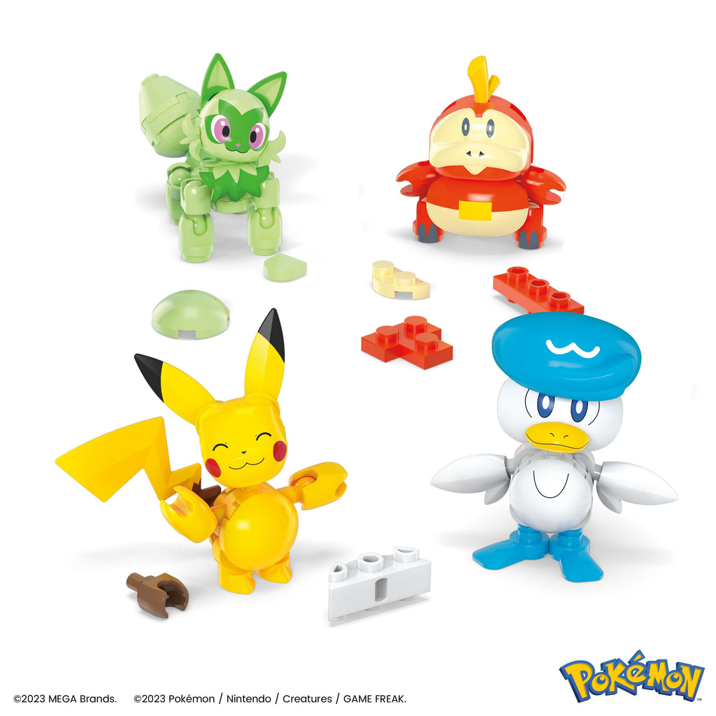 MEGA Pokemon Action Figure Building Kit – Paldea Team (Pikachu, Sprigatito, Fuecoco, Quaxly) + Poké Ball | HPX92