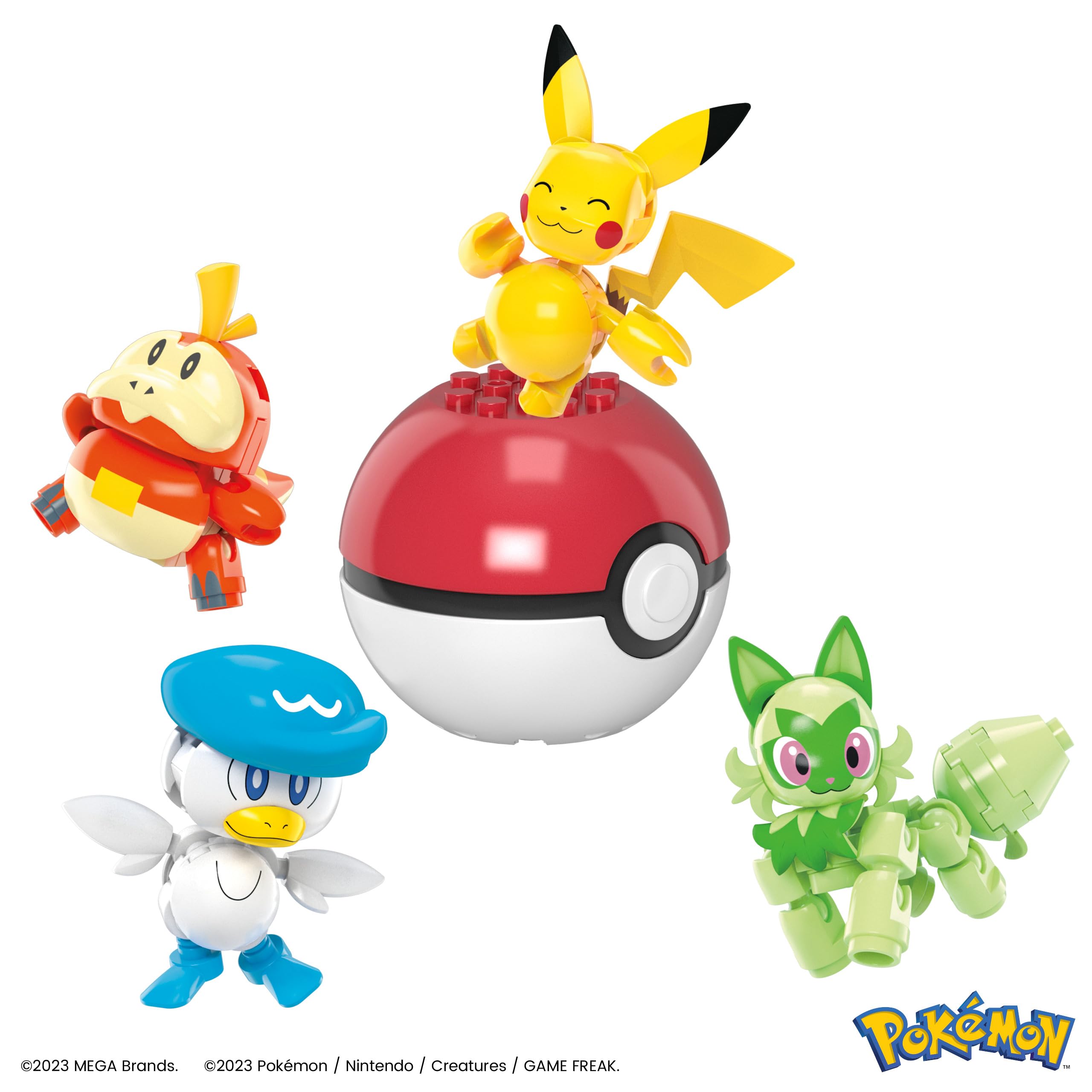 MEGA Pokemon Action Figure Building Kit – Paldea Team (Pikachu, Sprigatito, Fuecoco, Quaxly) + Poké Ball | HPX92
