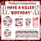 MEHOFOND Killer Birthday Decoration – 194Pcs Horror Tableware Set for Halloween Parties