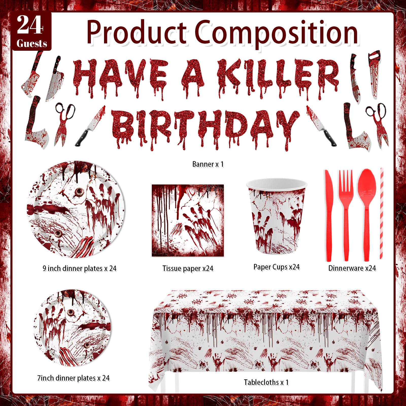 MEHOFOND Killer Birthday Decoration – 194Pcs Horror Tableware Set for Halloween Parties