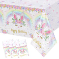 MEHOFOND 3 Pack Bunny Birthday Tablecloths – 54x108 in Rainbow Easter Table Cover, Disposable Party Decor