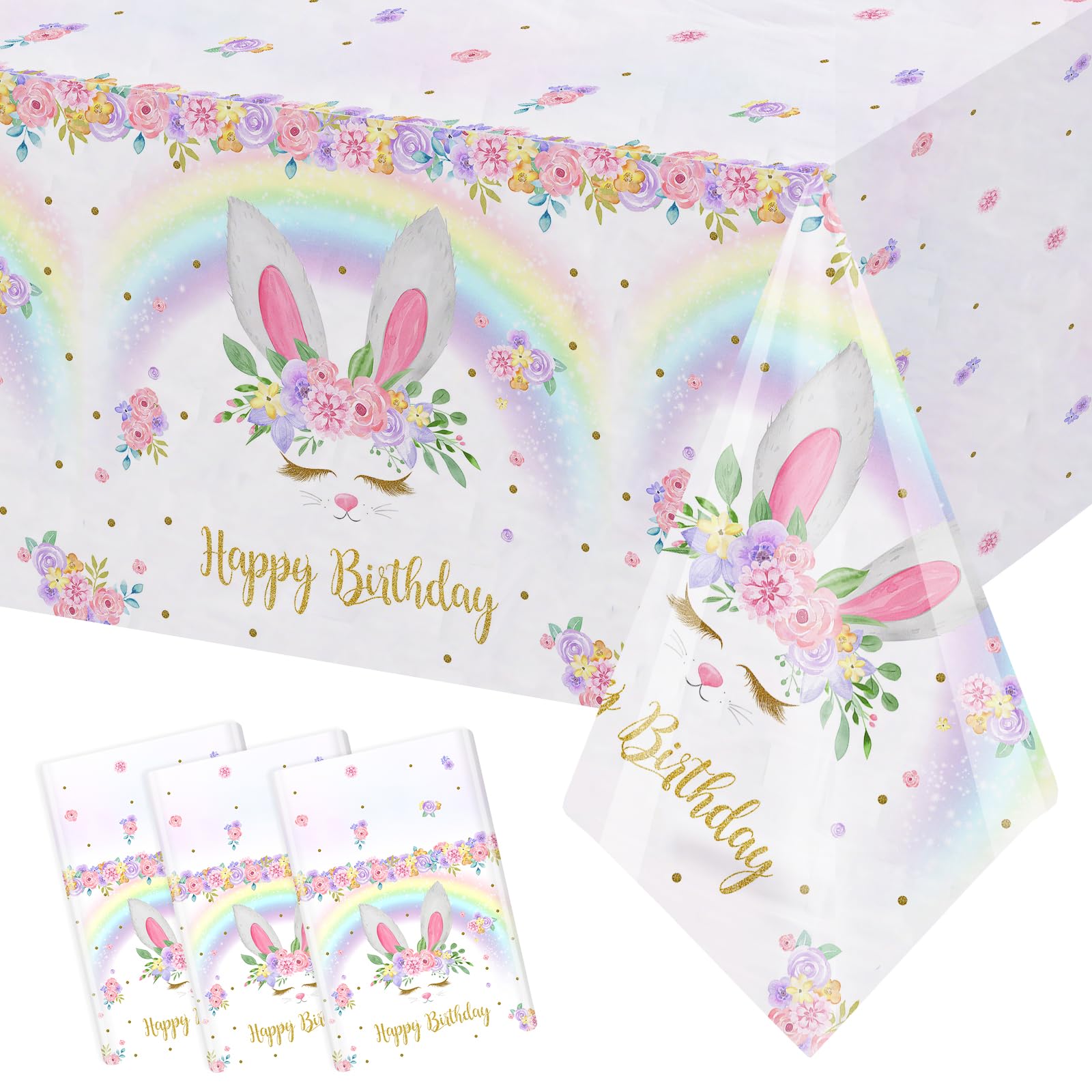 MEHOFOND 3 Pack Bunny Birthday Tablecloths – 54x108 in Rainbow Easter Table Cover, Disposable Party Decor