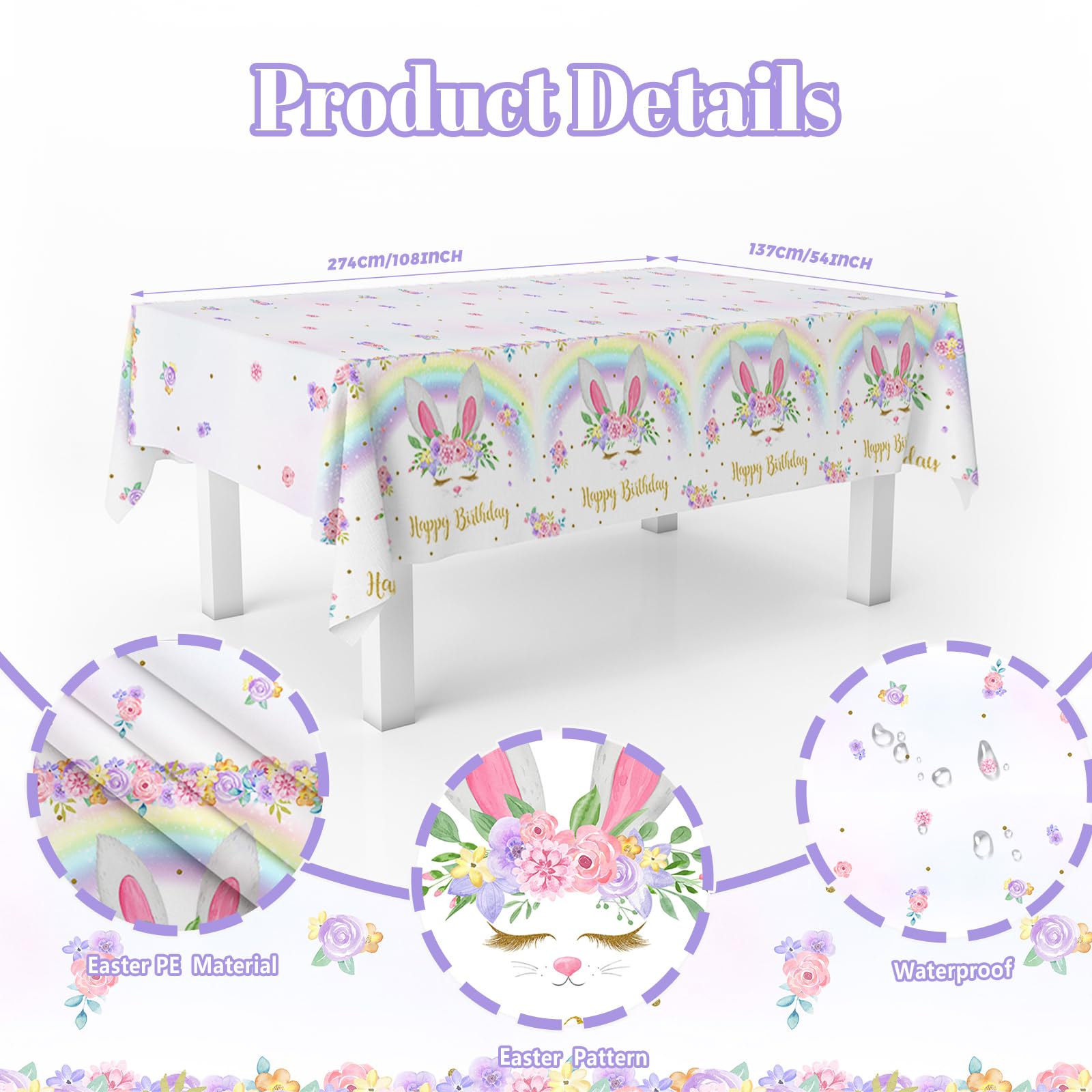 MEHOFOND 3 Pack Bunny Birthday Tablecloths – 54x108 in Rainbow Easter Table Cover, Disposable Party Decor