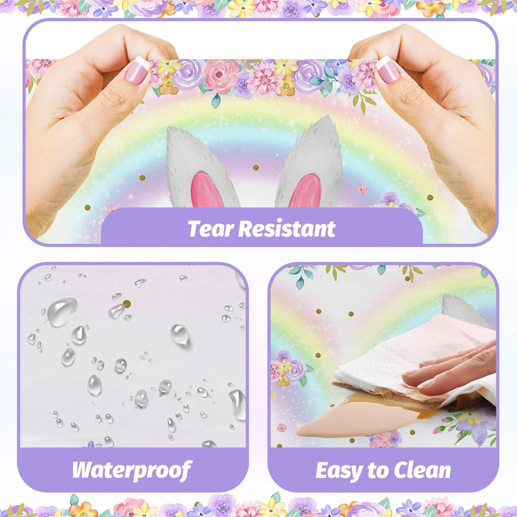 MEHOFOND 3 Pack Bunny Birthday Tablecloths – 54x108 in Rainbow Easter Table Cover, Disposable Party Decor