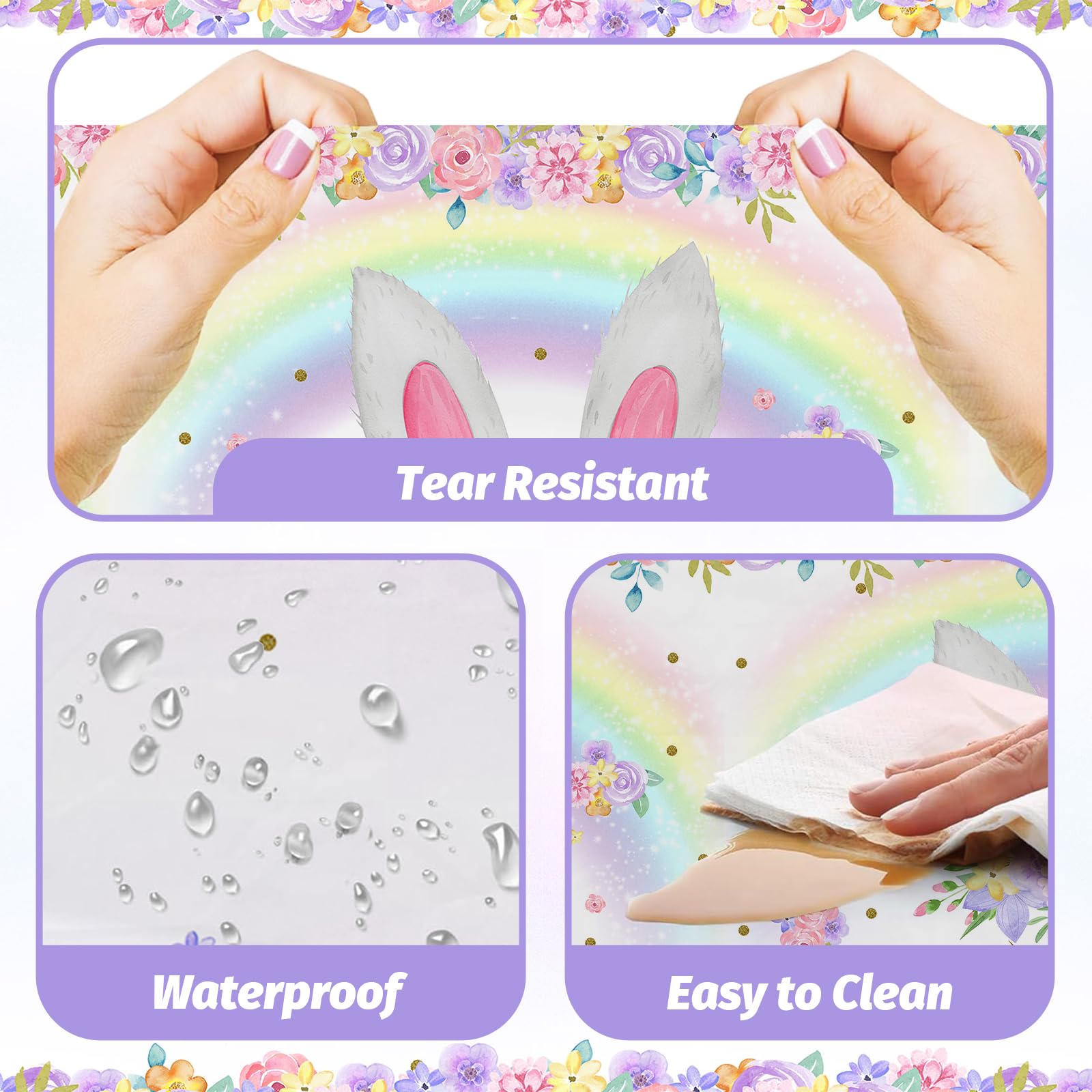 MEHOFOND 3 Pack Bunny Birthday Tablecloths – 54x108 in Rainbow Easter Table Cover, Disposable Party Decor