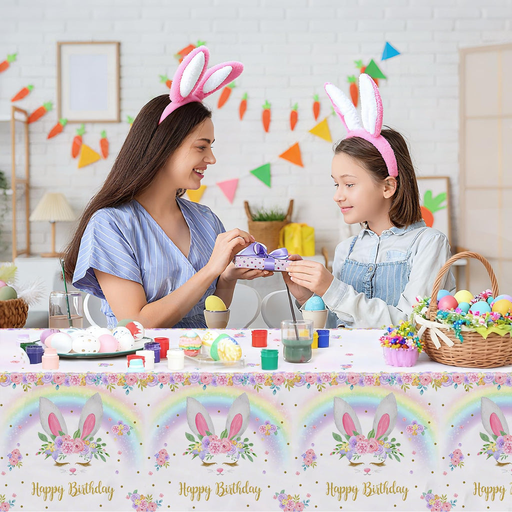 MEHOFOND 3 Pack Bunny Birthday Tablecloths – 54x108 in Rainbow Easter Table Cover, Disposable Party Decor