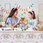MEHOFOND 3 Pack Bunny Birthday Tablecloths – 54x108 in Rainbow Easter Table Cover, Disposable Party Decor