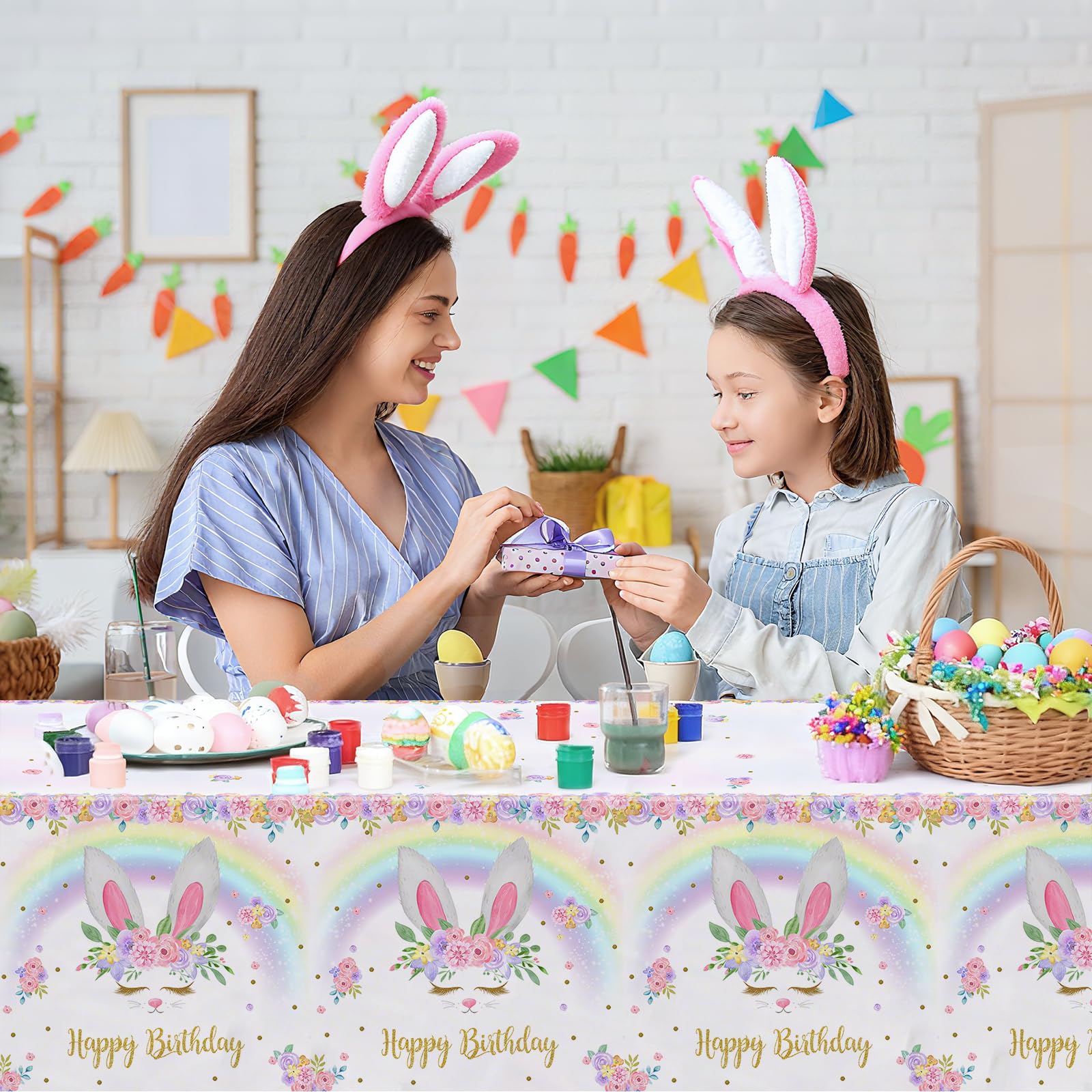 MEHOFOND 3 Pack Bunny Birthday Tablecloths – 54x108 in Rainbow Easter Table Cover, Disposable Party Decor