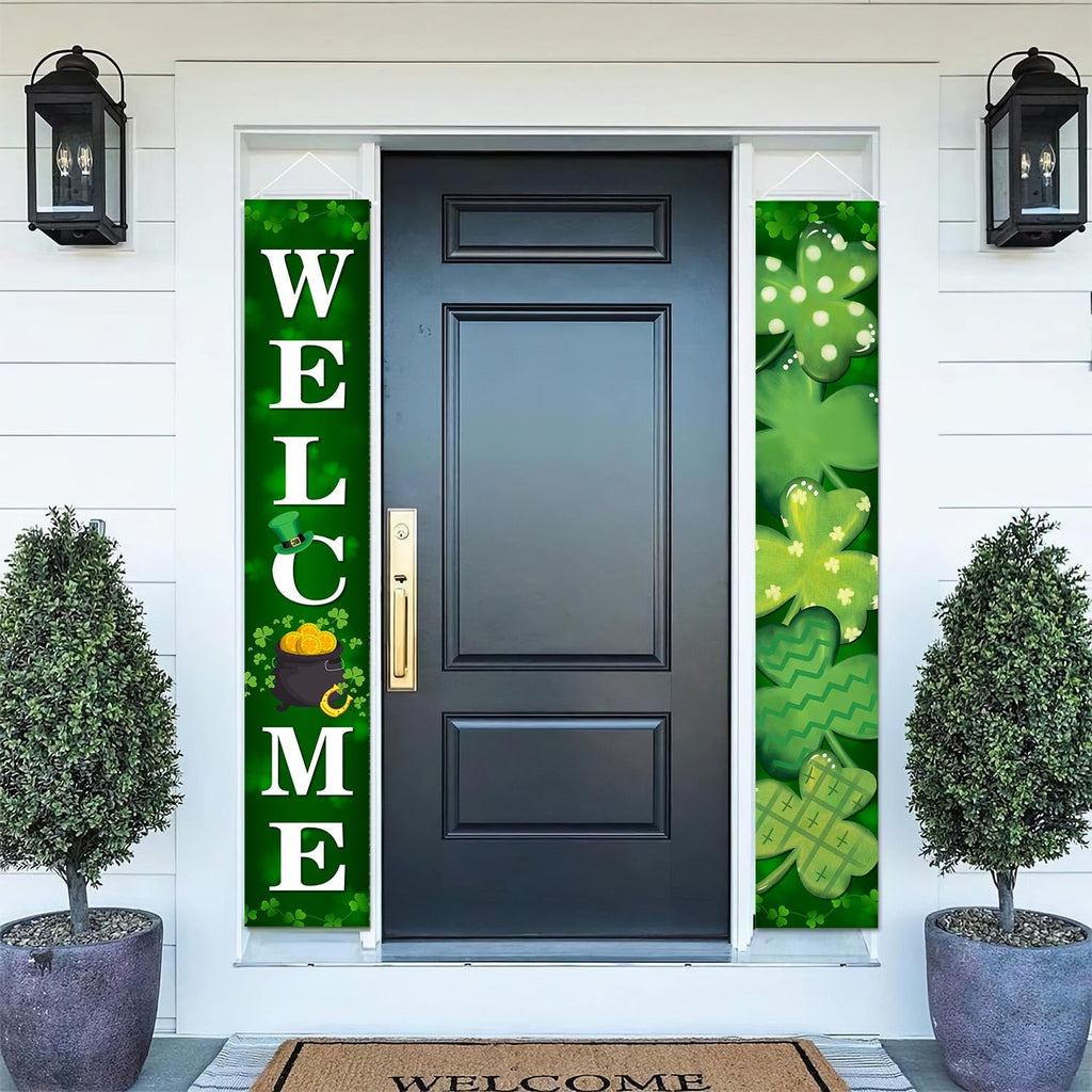 MEHOFOND 2-Piece St. Patrick's Day Porch Banner – Welcome Shamrock Decor (180x30 cm)