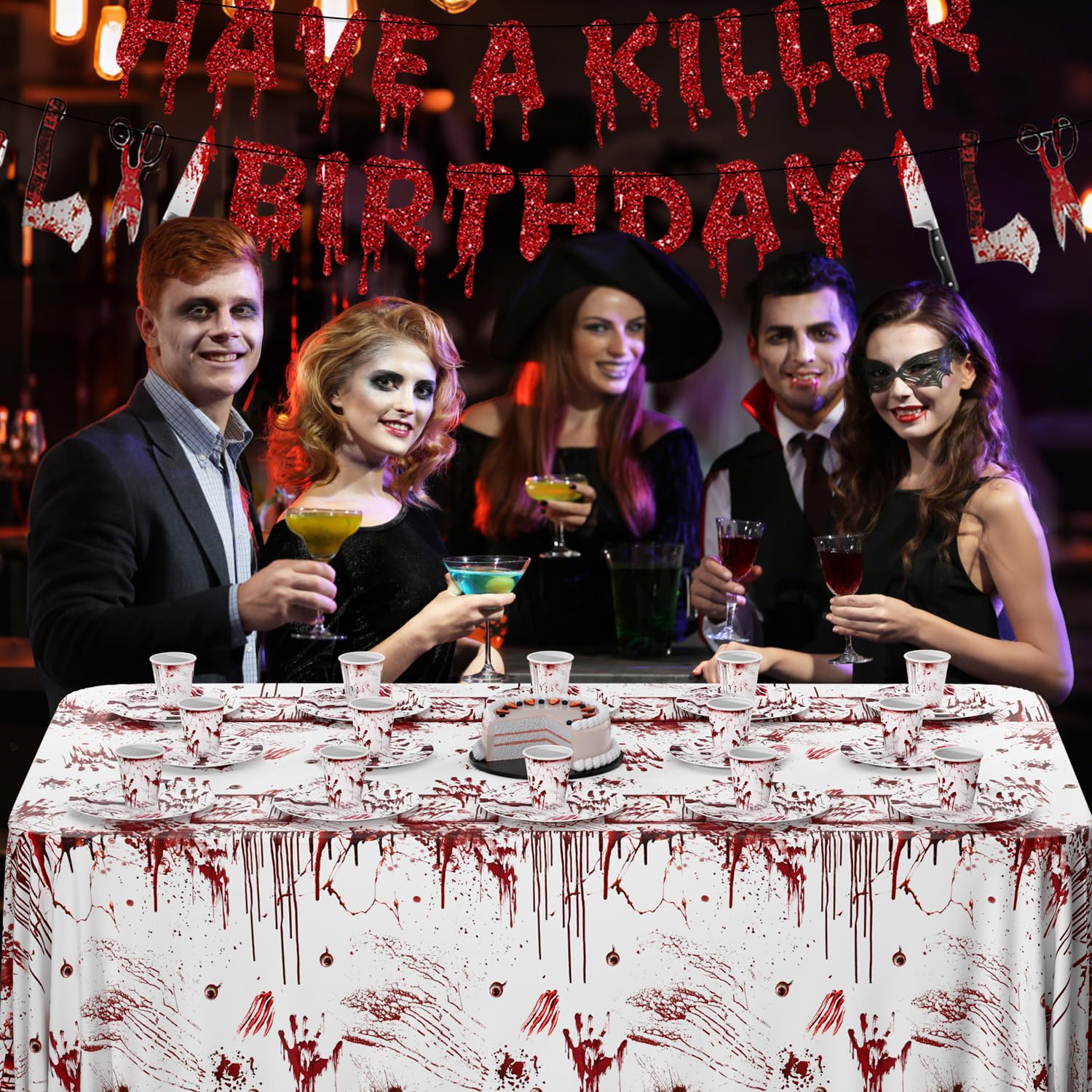 MEHOFOND Killer Birthday Decoration – 194Pcs Horror Tableware Set for Halloween Parties