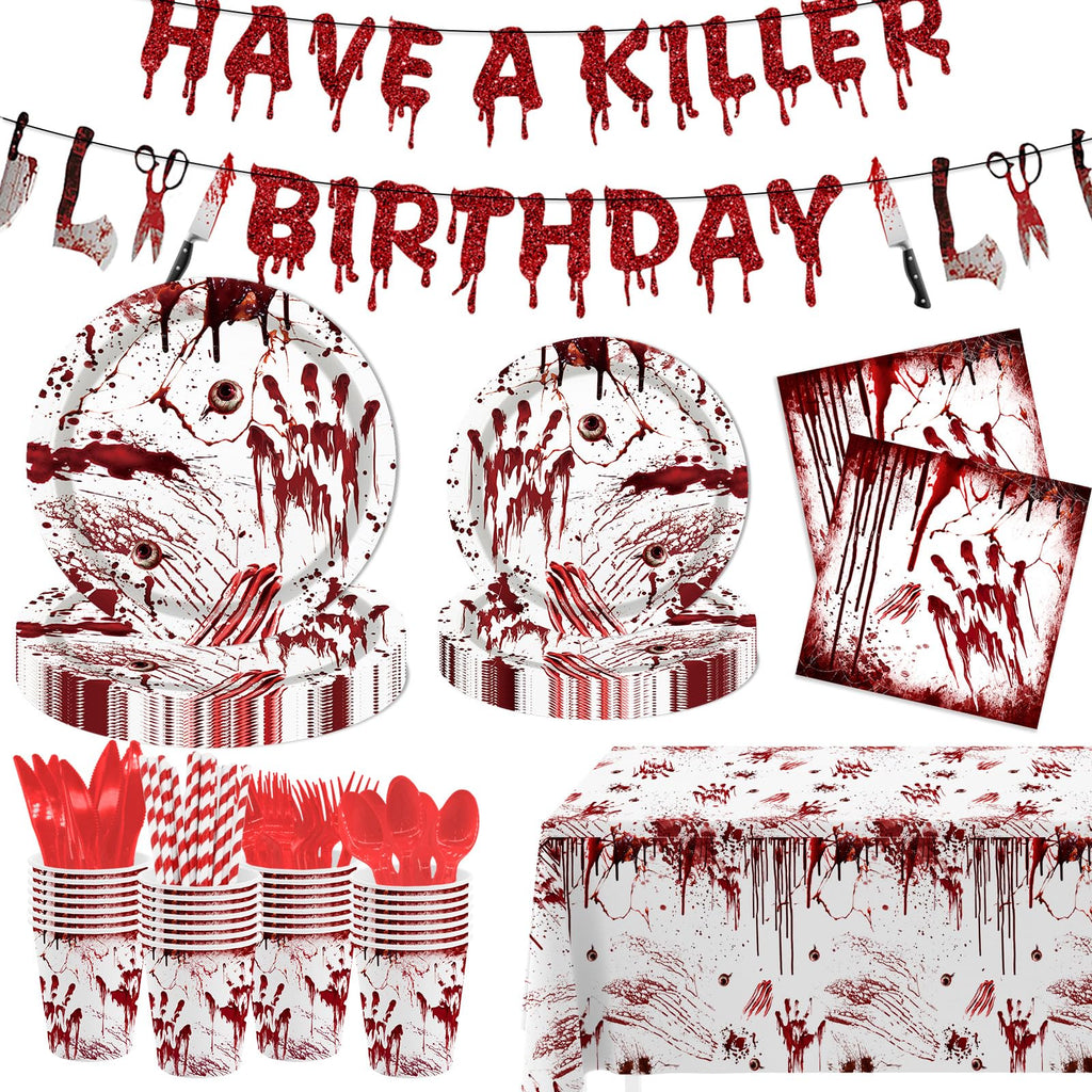 MEHOFOND Killer Birthday Decoration – 194Pcs Horror Tableware Set for Halloween Parties