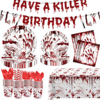 MEHOFOND Killer Birthday Decoration – 194Pcs Horror Tableware Set for Halloween Parties