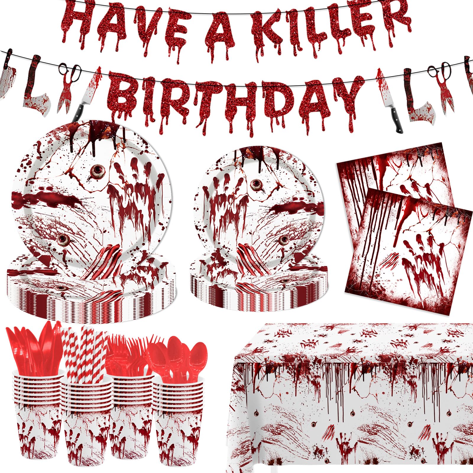 MEHOFOND Killer Birthday Decoration – 194Pcs Horror Tableware Set for Halloween Parties
