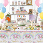 MEHOFOND 3 Pack Bunny Birthday Tablecloths – 54x108 in Rainbow Easter Table Cover, Disposable Party Decor