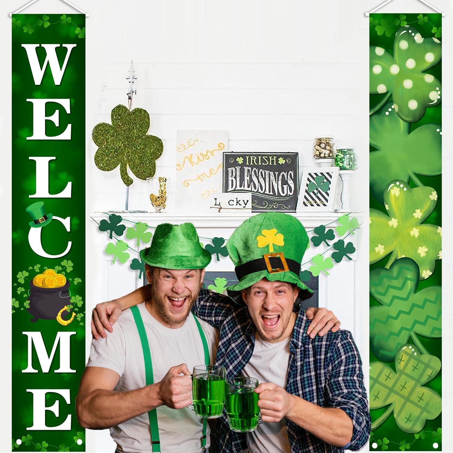 MEHOFOND 2-Piece St. Patrick's Day Porch Banner – Welcome Shamrock Decor (180x30 cm)