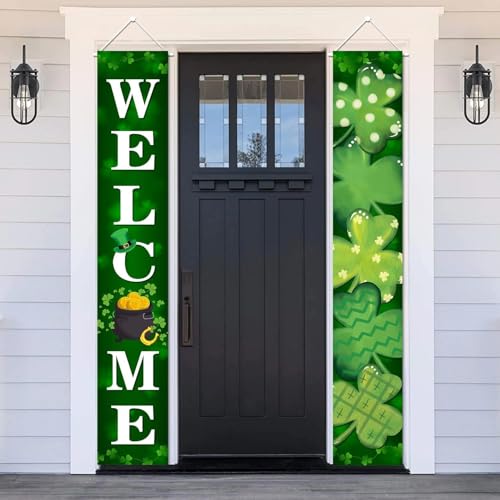 MEHOFOND 2-Piece St. Patrick's Day Porch Banner – Welcome Shamrock Decor (180x30 cm)