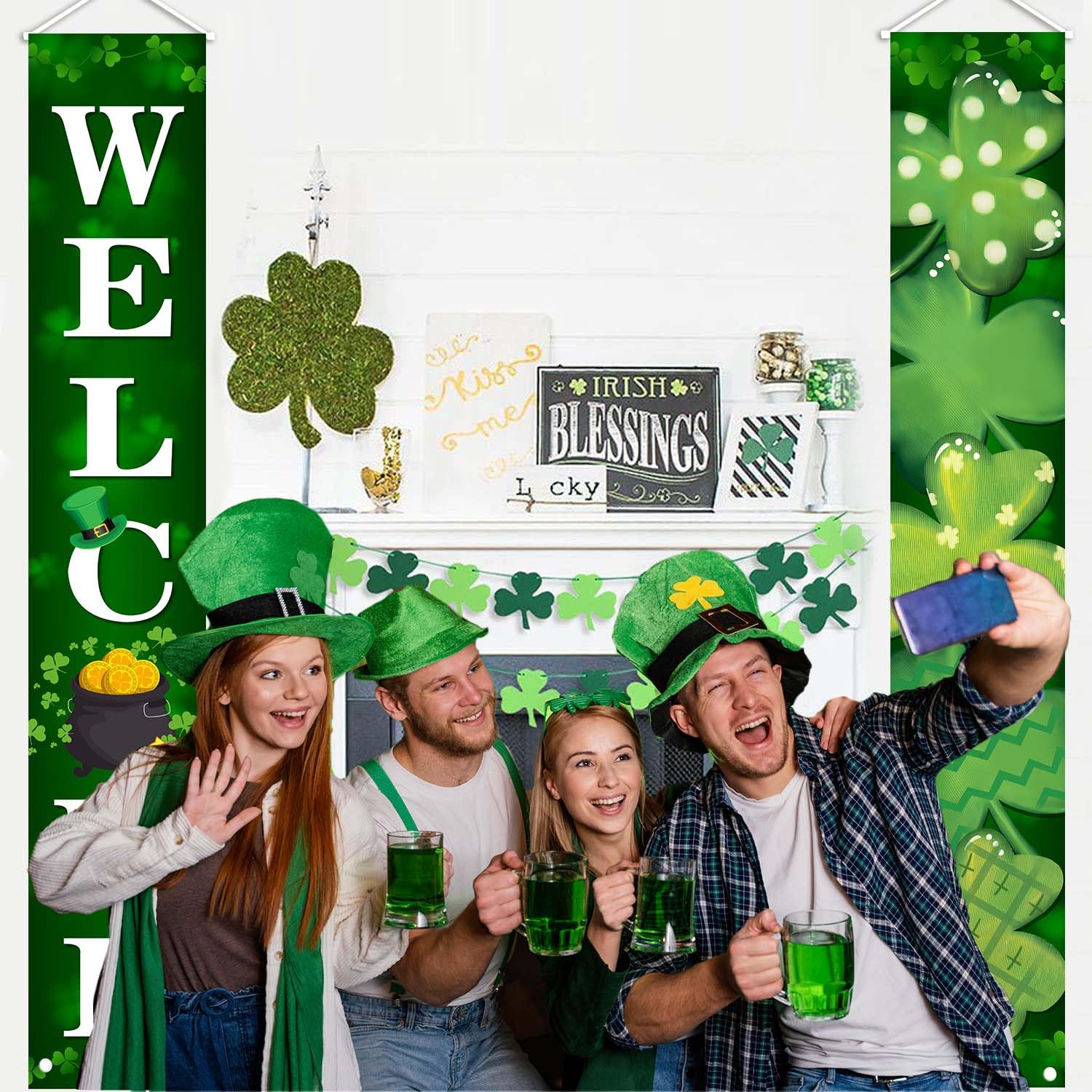 MEHOFOND 2-Piece St. Patrick's Day Porch Banner – Welcome Shamrock Decor (180x30 cm)