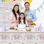 MEHOFOND 3 Pack Bunny Birthday Tablecloths – 54x108 in Rainbow Easter Table Cover, Disposable Party Decor