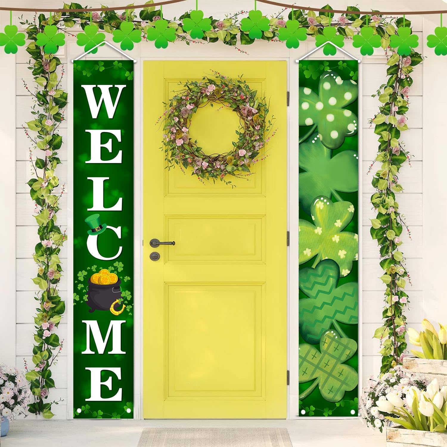 MEHOFOND 2-Piece St. Patrick's Day Porch Banner – Welcome Shamrock Decor (180x30 cm)