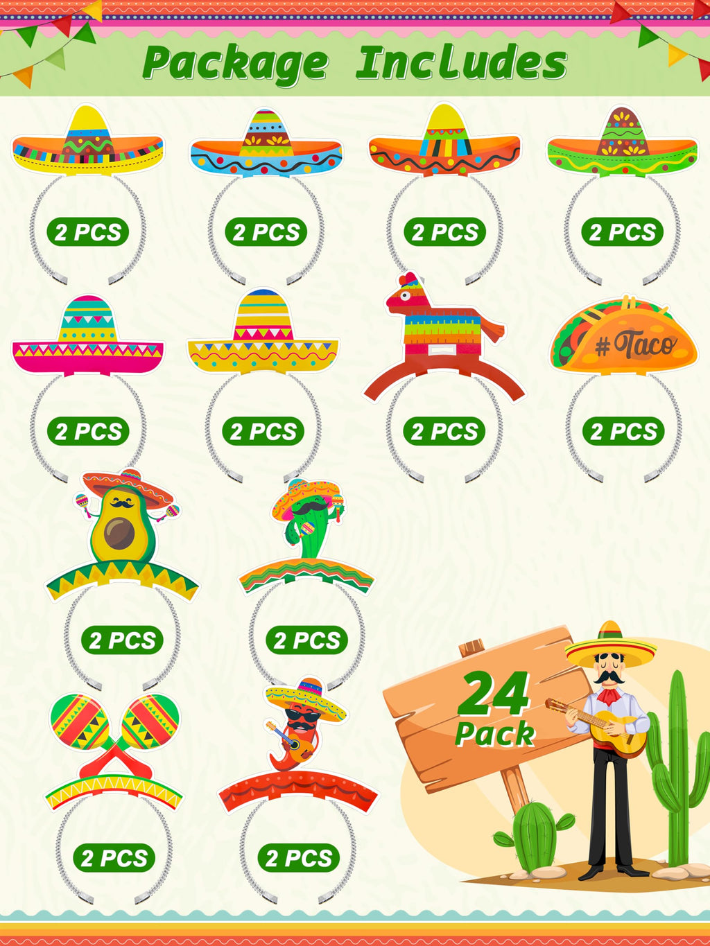 Melisheer 24 Pcs Cinco de Mayo Party Hats & Accessories – 12 Styles