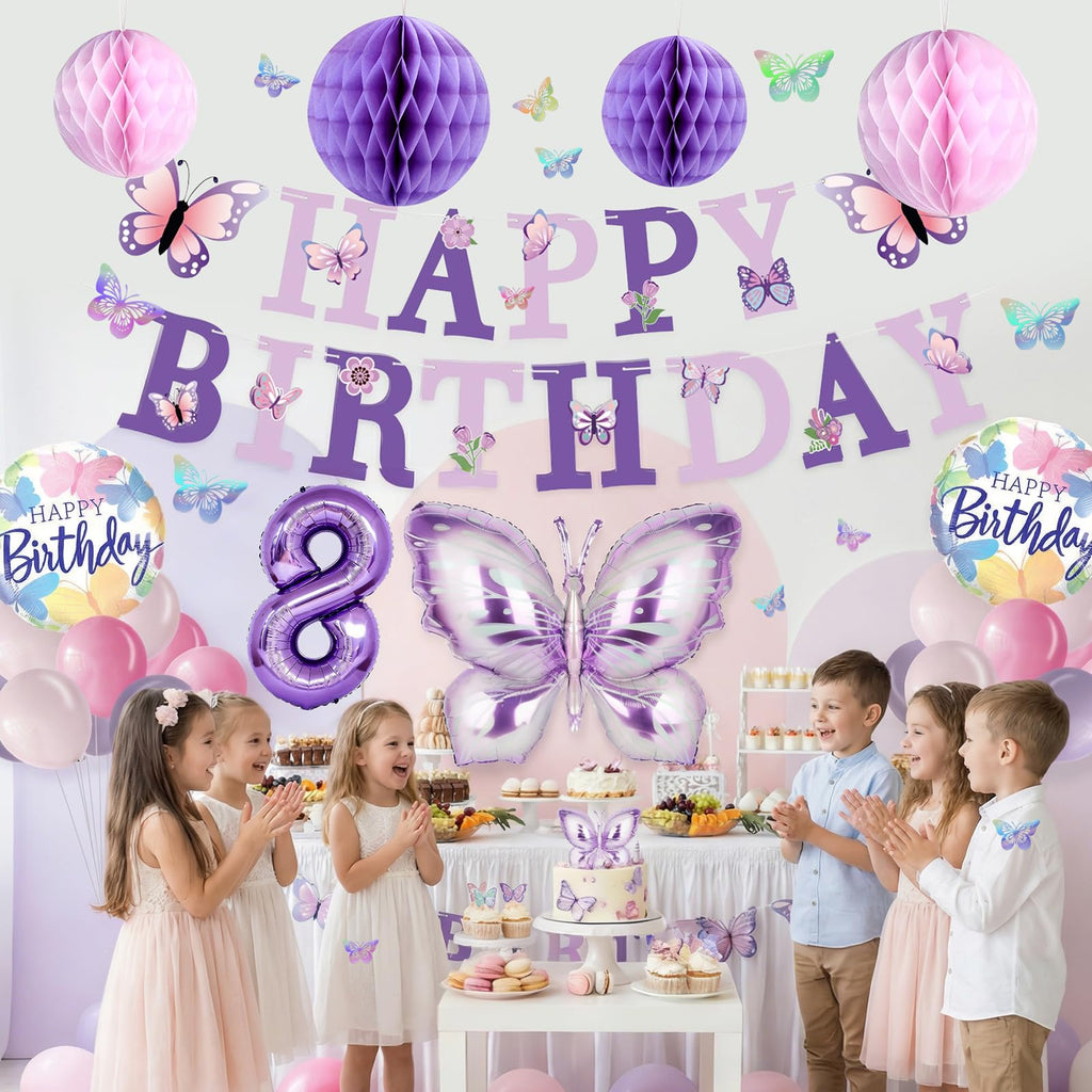 melody fantasy Purple Butterfly Birthday Decorations for 8th Birthday Girls | 3D Butterflies & Foil Balloons