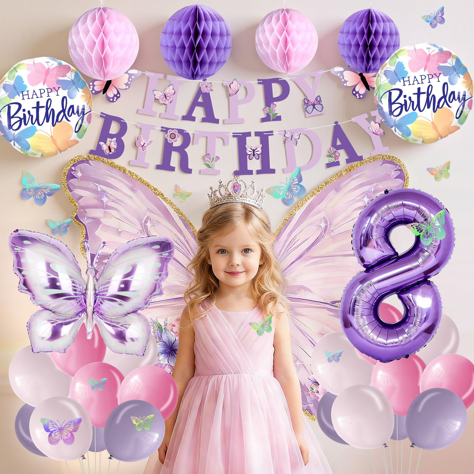 melody fantasy Purple Butterfly Birthday Decorations for 8th Birthday Girls | 3D Butterflies & Foil Balloons