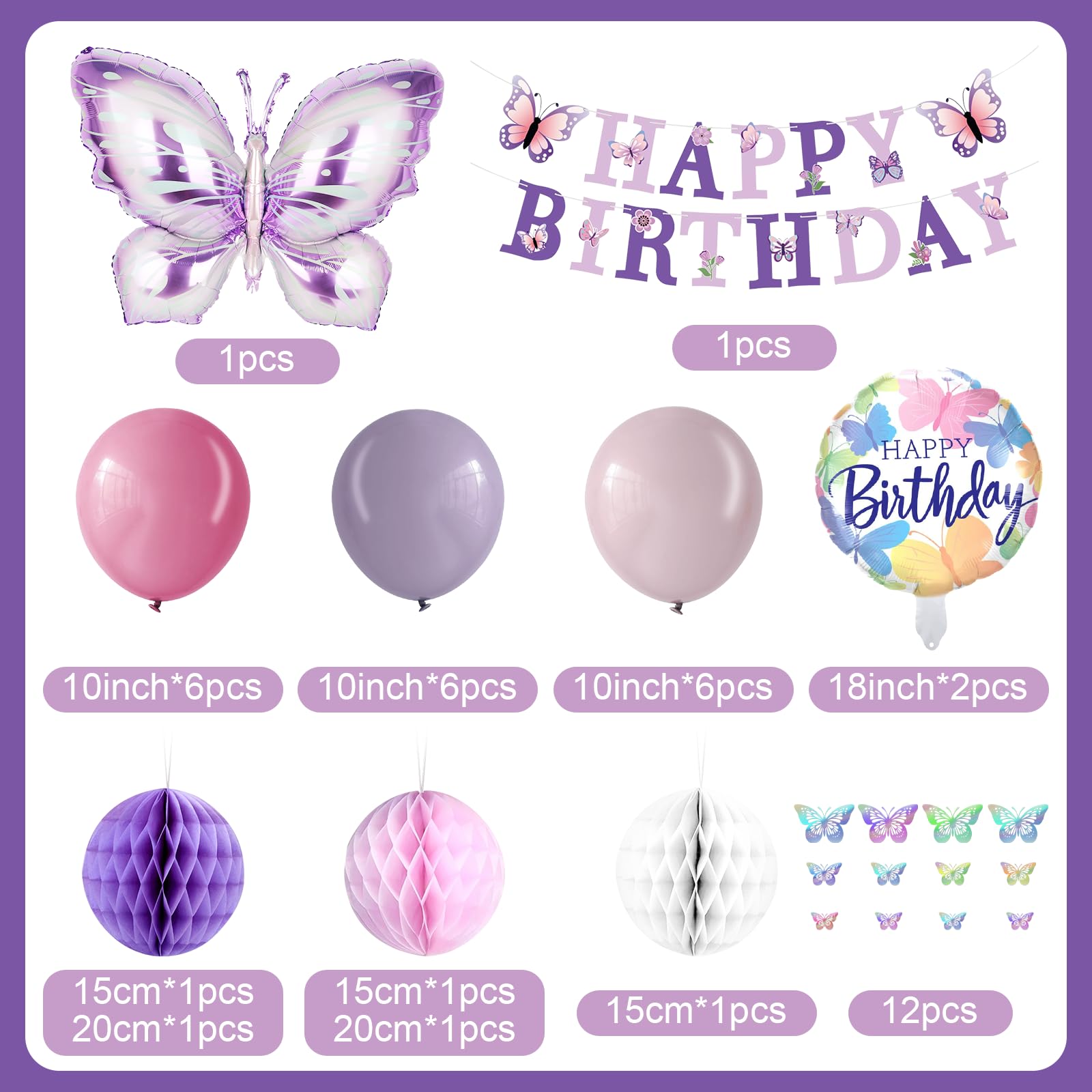 Purple Butterfly Birthday Decorations - melody fantasy 3D Butterflies, Honeycomb Balls & Balloons Kit
