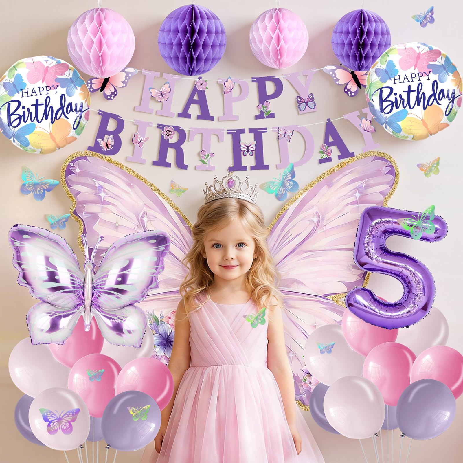 Melody Fantasy Purple Butterfly Birthday Decorations for 5th Birthday Girls - Balloons, Honeycomb Balls & 3D Butterflies