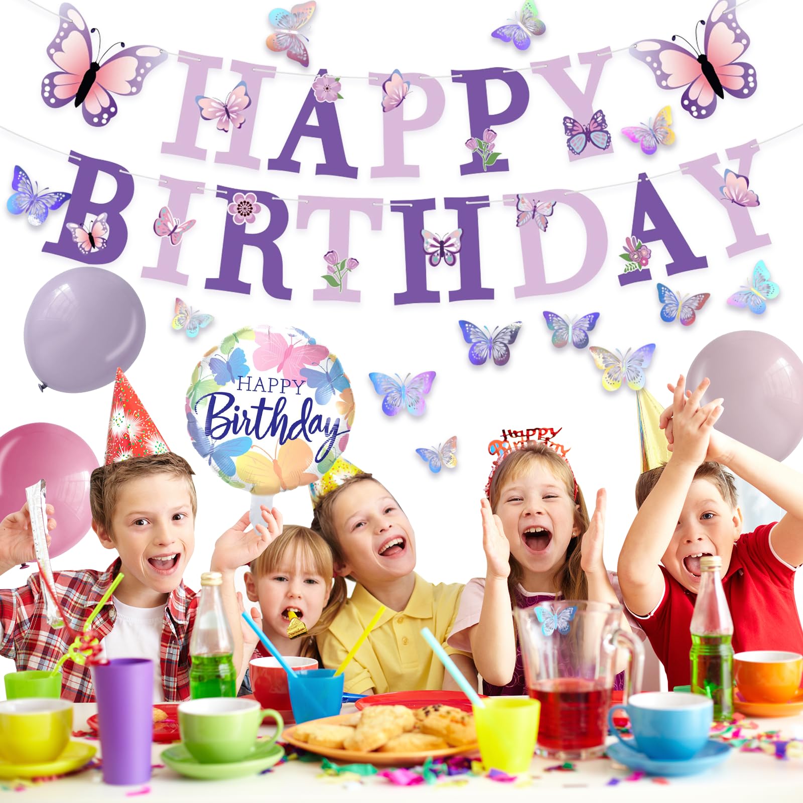 Purple Butterfly Birthday Decorations - melody fantasy 3D Butterflies, Honeycomb Balls & Balloons Kit