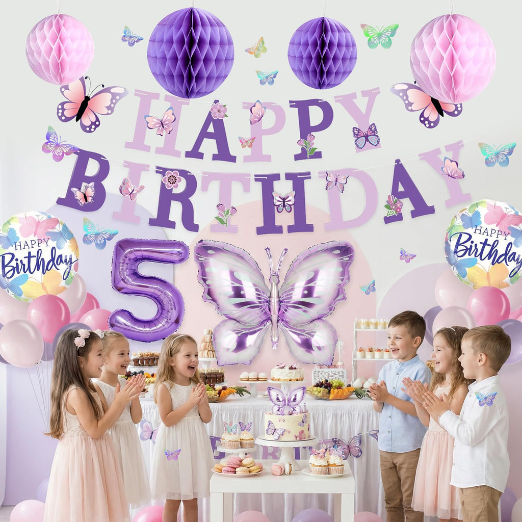 Melody Fantasy Purple Butterfly Birthday Decorations for 5th Birthday Girls - Balloons, Honeycomb Balls & 3D Butterflies