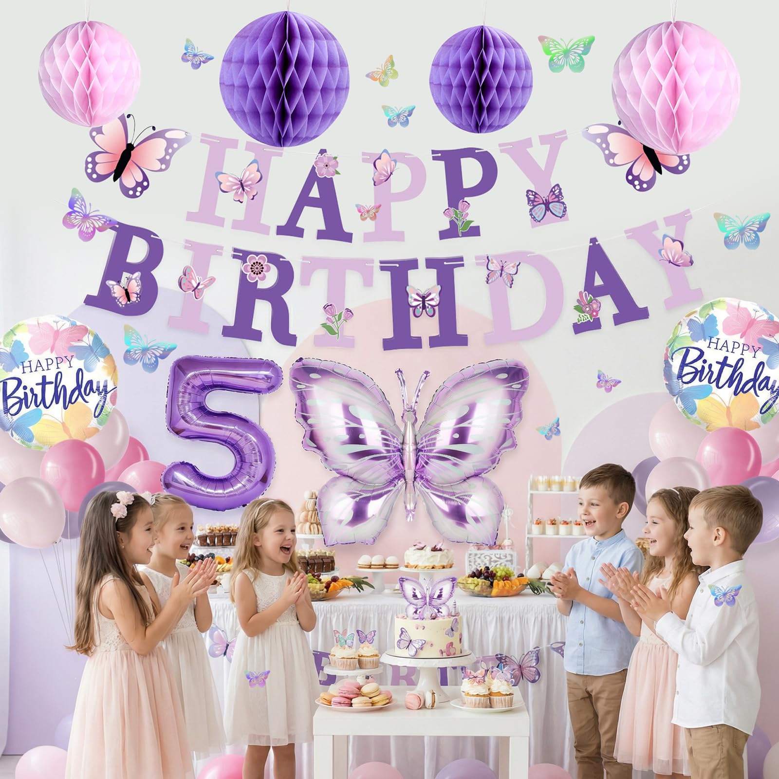 Melody Fantasy Purple Butterfly Birthday Decorations for 5th Birthday Girls - Balloons, Honeycomb Balls & 3D Butterflies