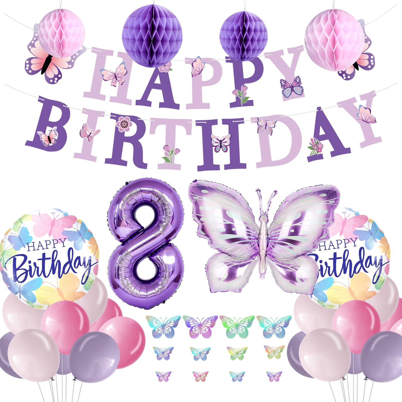 melody fantasy Purple Butterfly Birthday Decorations for 8th Birthday Girls | 3D Butterflies & Foil Balloons