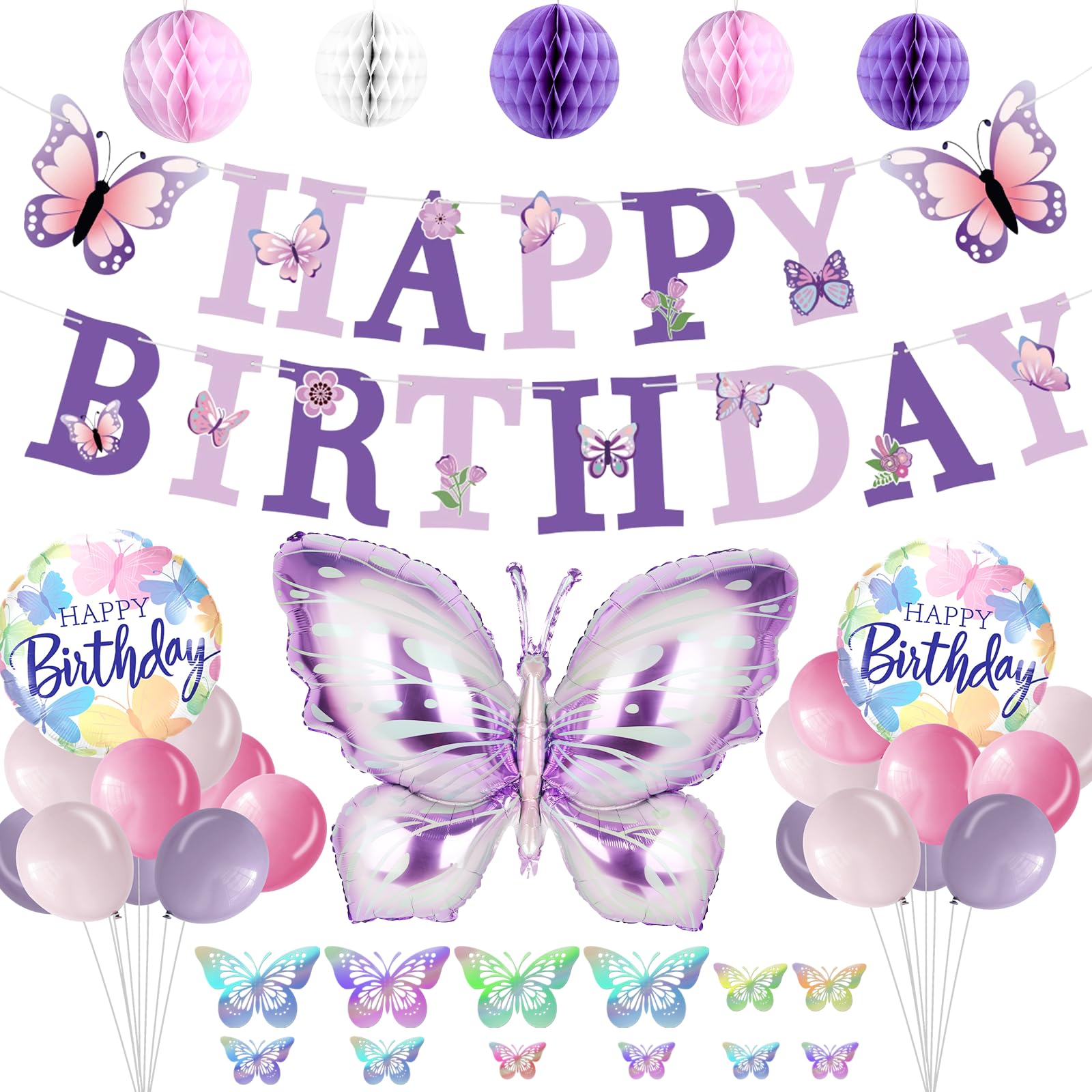 Purple Butterfly Birthday Decorations - melody fantasy 3D Butterflies, Honeycomb Balls & Balloons Kit